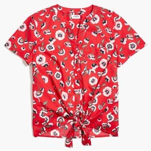 J Crew Red Floral Poppy Tie Front Top Blouse Short Sleeve Small